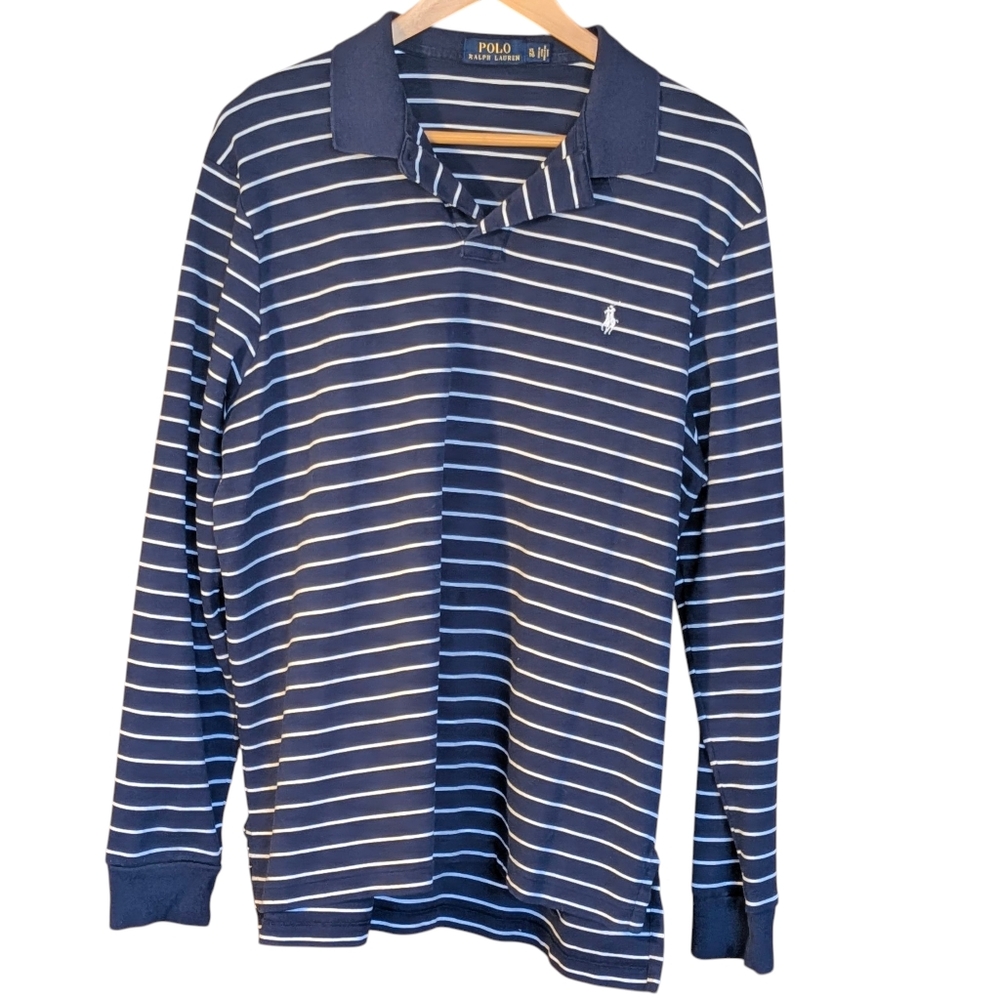 Polo by Ralph Lauren Men's Blue and White Striped Polo Long Sleeve XL Preppy
